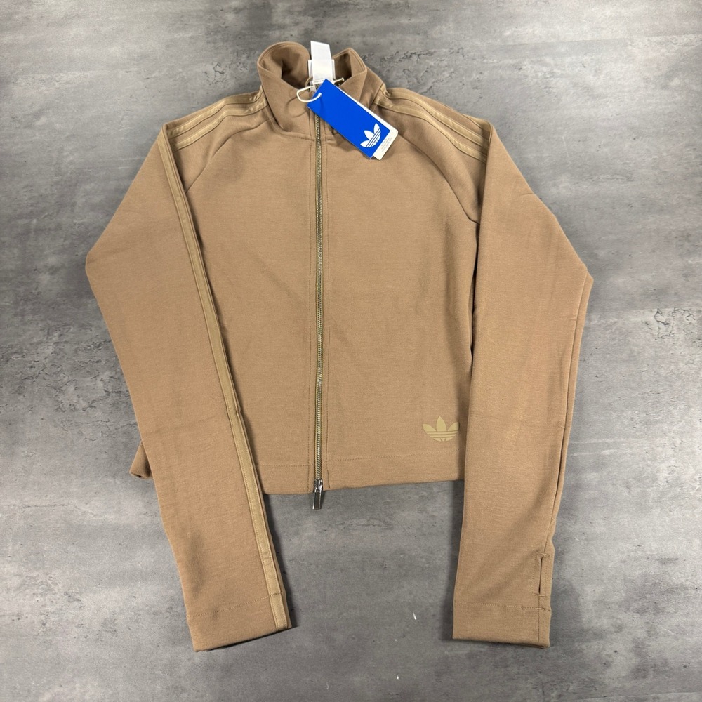 Adidas Track Jacket Womens S Slim Fit Tan Mock Neck Full Zip 3-Stripes SAMPLE